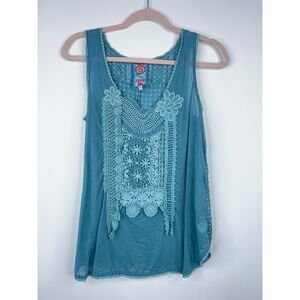 Johnny Was Embroidered Applique Tank Blue Green Floral Lightweight Size Small